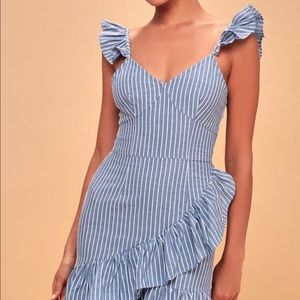 Parcel Blue and White Striped Ruffle Mini Dress